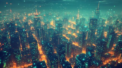 Poster - A beautiful nighttime cityscape illuminated in a sci-fi environment with -inhabited cities surrounded by soft ambient light and atmosphere