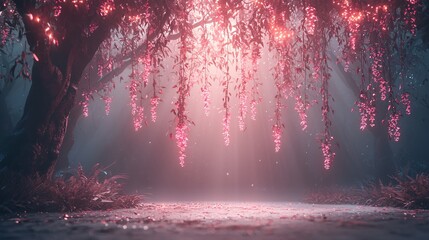 Poster - Enchanted forest scene with soft light filtering through branches creating a dreamlike atmosphere of natural beauty
