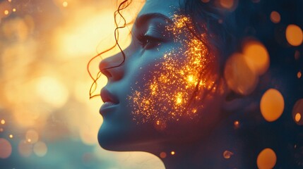 Poster - Enigmatic woman surrounded by a warm yellow light creating a dreamlike atmosphere that pulses with thought and emotion in a surreal setting