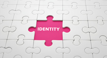 Poster - Jigsaw Puzzle with Missing Piece Revealing the Word Identity on Pink Background
