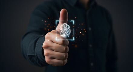 Poster - Man Gives Thumbs Up with Holographic Fingerprint Scan Overlay in Dark Studio Setting