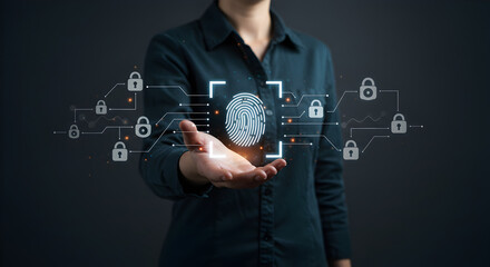 Poster - Woman Presents Digital Fingerprint Scan Technology on Dark Background for Secure Authentication and Access Control