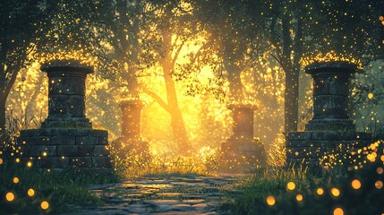 Poster - Serene pathway winding through a mystical forest, bathed in a golden hour glow, leading to unexplored adventures