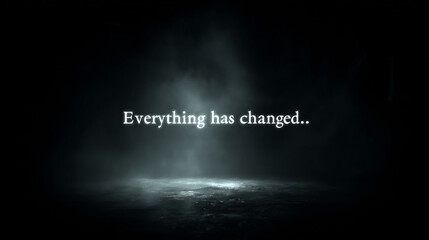 Poster - Everything has changed. White letters on dark, foggy background. Ray of light falls from above.