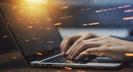 Poster - Hands Typing on Laptop Keyboard with Orange Digital Particles Overlayed for Coding and Data Processing in Illuminated Setting