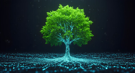 Poster - Luminous Green Tree Symbolizing Digital Growth and Network Connectivity on Dark Background