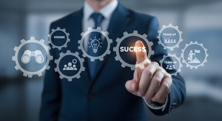 Aufkleber - Man in Blue Suit Interacting with Virtual Gear Mechanism Displaying Business Success Icons and Strategies