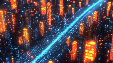 Poster - Stunning cityscape enhanced by a brilliant blue light transforming the night into a dreamlike realm of futuristic possibilities