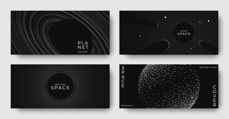 Wall Mural - set of abstract space astronomy horizontal backgrounds. linear simple galaxy, planet, black hole. bl