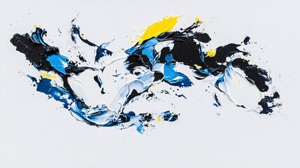 Fototapete - Abstract composition featuring blue and yellow paint splashes on a white background illuminated by natural sunlight