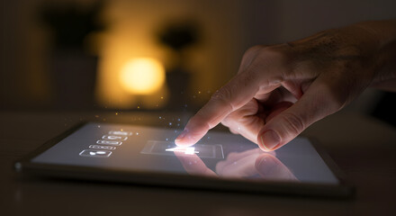 Poster - Closeup of a Person Using a Digital Tablet with a Glowing Interface and White Screen on a Night Scene