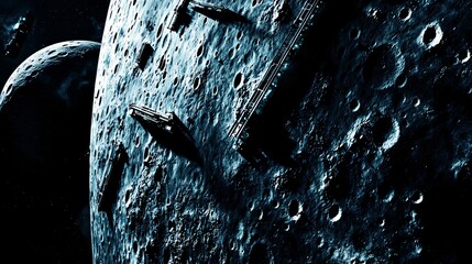 Poster - Spectacular space station positioned on the moon surrounded by dramatic contrasting light in a sci-fi lunar mining environment
