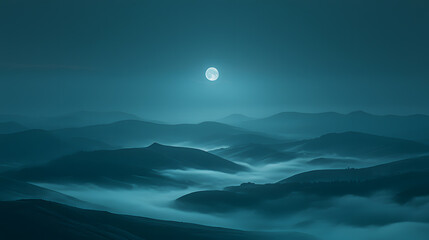 Wall Mural - mystical moonlight landscape: a serene full moon illuminates a misty mountain range, creating an eth