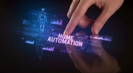 Poster - Person Touching a Glowing Home Automation Button on a Futuristic Interface Technology with Neon Illumination and Dark Background