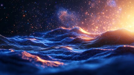 Poster - Breathtaking mountain range under a brilliant orange sky, signifying the intersection of earthly wonders and cosmic civilizations