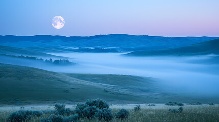Wall Mural - Moonlit Landscape: A tranquil and serene landscape under the glow of a full moon, with rolling hills and a mystical fog that adds to the ethereal beauty of the scene.