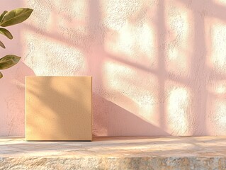 Leinwandbilder - Beige Cardboard Product Package on Stone Podium with Soft Pink Background and Sunlight Shadows