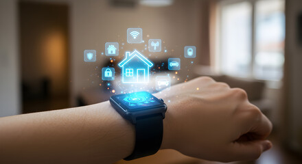 Poster - Woman's Wrist Displaying Holographic Smart Home Icons via Smartwatch in Bright Room with Blurred Background