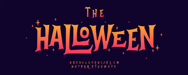 Poster - Halloween fantasy font, spooky serif letters, glowing gothic alphabet with festive twist, magical retro vibe for eerie visual branding, horror party headline, Vector typeset.