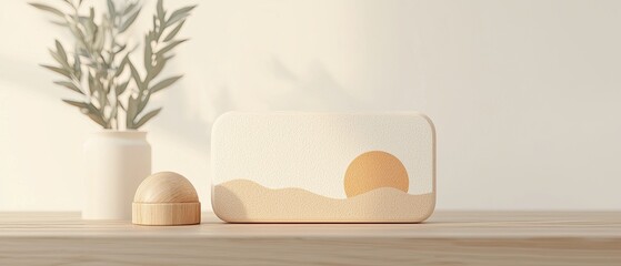 Leinwandbilder - Beige Wooden Object with Sun Design on Light Wood Table