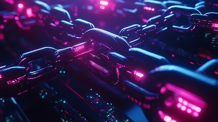 Poster - Glowing Metal Chain Links in a Futuristic Digital Setting