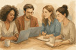 © Александр Михайлюк - Elegant watercolor illustration of creative professionals working together at a shared desk with laptops, coffee mugs, and notebooks