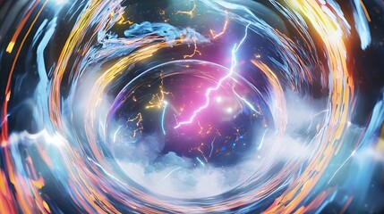 Poster - Colorful swirl with blue sky background illustrating the enchantment of cosmic magnetic fields and atmospheric lighting effects