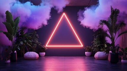 Poster - neon triangle light purple pink smoke tropical plants modern trendy room interior design background 