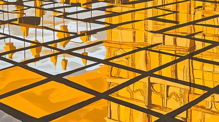 Fototapete - Eye-catching yellow and black abstract pattern with golden reflections creating a unique and moody visual experience