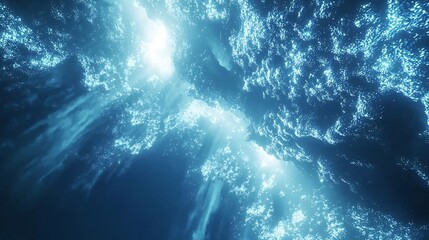 Poster - The sun radiantly shining through wispy clouds in the sky creating a beautiful contrast against the mysterious blue underwater landscape