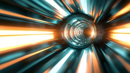 Poster - Metal tube emitting light in a sci-fi warp-speed transit hub with natural surrealistic elements