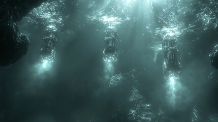 Poster - Mysterious cave with a bright light emerging from within, set against a radiant orbital space elevator environment
