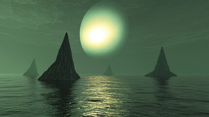 Poster - expansive body of water surrounded by surreal dreamlike mountains and high-key lighting creating a t