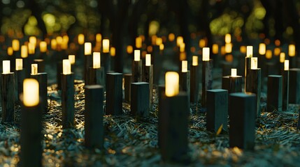 Poster - Serene cemetery adorned with many glowing candles creating a surreal and dreamlike atmosphere of reflection and tranquility amidst urban surroundings