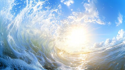 Poster - a thrilling wave in the ocean pulsating with energy under natural sunlight creating a dreamlike coas