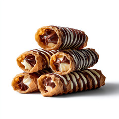 Wall Mural - Crispy wafer rolls with chocolate and vanilla stripes sweet dessert snack crunchy texture perfect for coffee or ice cream isolated on transparent background. isolated white background