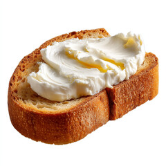 Wall Mural - Golden crusty bread slice with thick creamy layer of fresh cream cheese smooth texture perfect for breakfast or snack isolated on transparent background. isolated white background