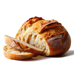 Wall Mural - Rustic sourdough bread loaf with golden crispy crust and airy open crumb partially sliced perfect for bakery or breakfast isolated on transparent background. isolated white background