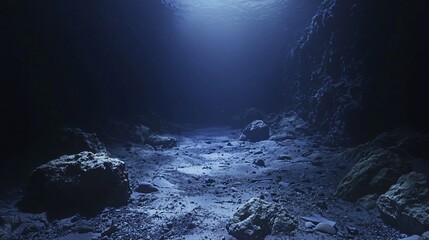 Poster - Ethereal cave scene illuminated by soft light streaming from above creating a mystical atmosphere in the depths of the ocean