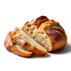 Wall Mural - Rustic sourdough bread loaf with golden crispy crust and airy open crumb partially sliced perfect for bakery or breakfast isolated on transparent background. isolated white background