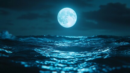 Poster - majestic full moon rising gracefully over the ocean waves casting a soft silvery light on the water 