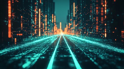 Poster - Vibrant urban cityscape bathed in neon lights showcasing the energy and life of a futuristic metropolis at nighttime