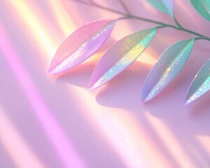 Poster - Holographic Leaves on Pink Background with Soft Light and Shadows