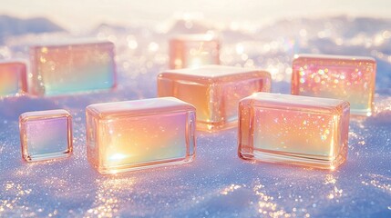 Poster - Iridescent Glass Cubes on Snow: Pastel Rainbow Texture
