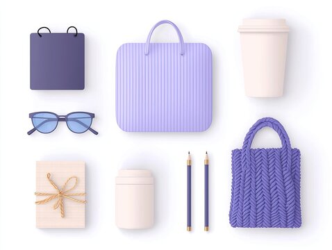 Lilac and White Product Mockup: Shopping Bags, Gift, Coffee Cup, and Accessories