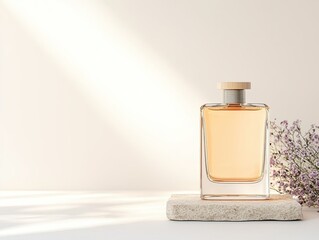 Leinwandbilder - Luxury Perfume Bottle on Stone Platform with Soft Sunlight and Floral Accents