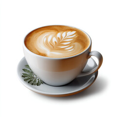 Wall Mural - Realistic ceramic cup of hot latte with beautiful leaf latte art and creamy milk foam perfect for coffee lovers isolated on transparent background isolated white background