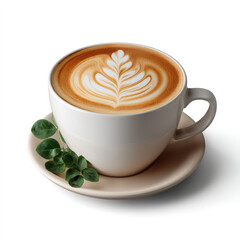 Wall Mural - Realistic ceramic cup of hot latte with beautiful leaf latte art and creamy milk foam perfect for coffee lovers isolated on transparent background isolated white background