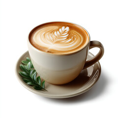 Wall Mural - Realistic ceramic cup of hot latte with beautiful leaf latte art and creamy milk foam perfect for coffee lovers isolated on transparent background isolated white background