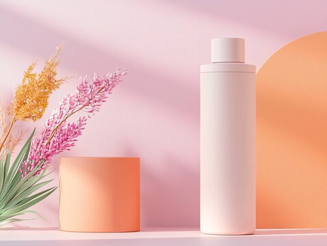 Minimalist Skincare Bottle on Cylindrical Podium with Pastel Background